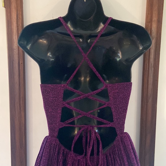 Lulus Party Era Purple Sparkly Lace-Up Pleated Skater Dress XS - Picture 7 of 11